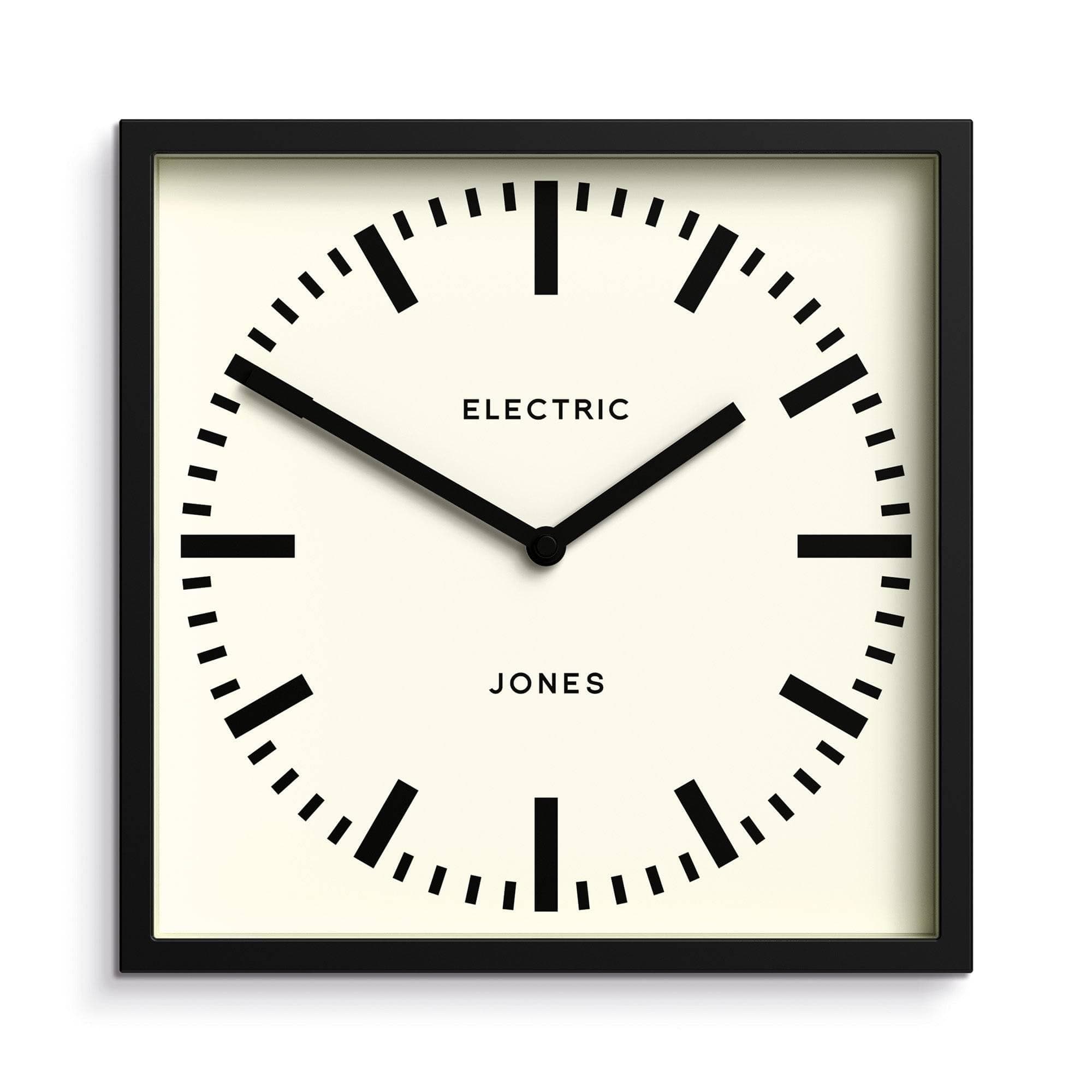 JONES CLOCKS® Box Railway Wall Clock | Square Station Clock | 10 inch | Black | Cool Designer Look for Kitchen, Living Room or Office