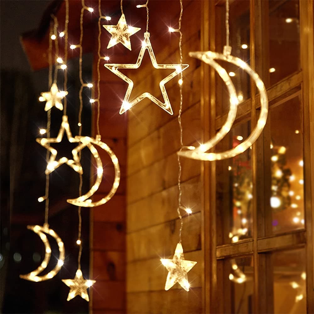 Christmas Decorations String Lights, Battery Powered Curtain Lights, Ramadan Moon Star Lights for Home, Bedroom, Dorm Decor, Indoor Outdoor LED Twinkle Light