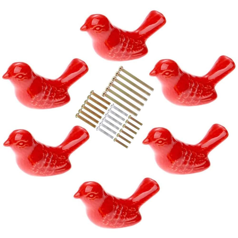 6 Pack Cabinet Handles Ceramic Drawer Knobs Bird Shape Cupboard Dresser Wardrobe Closet Door Knobs Pull Handles Coastal Kitchen Furniture Knobs with Long Short Screws (Red)