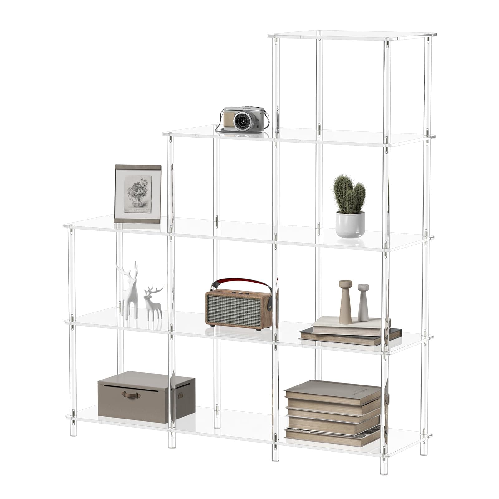 5-Tier Acrylic Bookshelf, 9 Cube Bookcase, Clear Open Stepped Book Shelf for Home Office, Living Room, Bedroom, Easy Assembly, 11.8" D x 40.6" W x 46.1" H