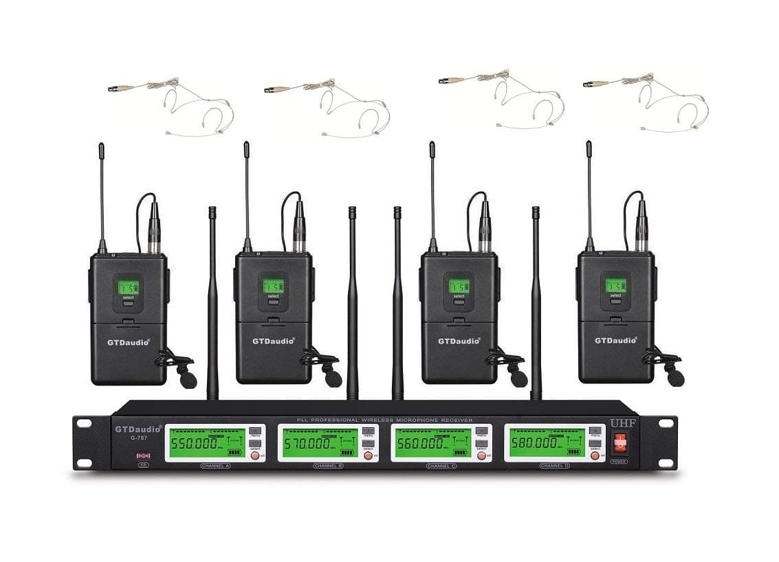 4x800 Adjustable Channels UHF Diversity Wireless Cordless Microphone System with 4 Bodypacks, 4 Beige Headsets & 4 Lapels Mics, Range 450 ft, (8 Mics)