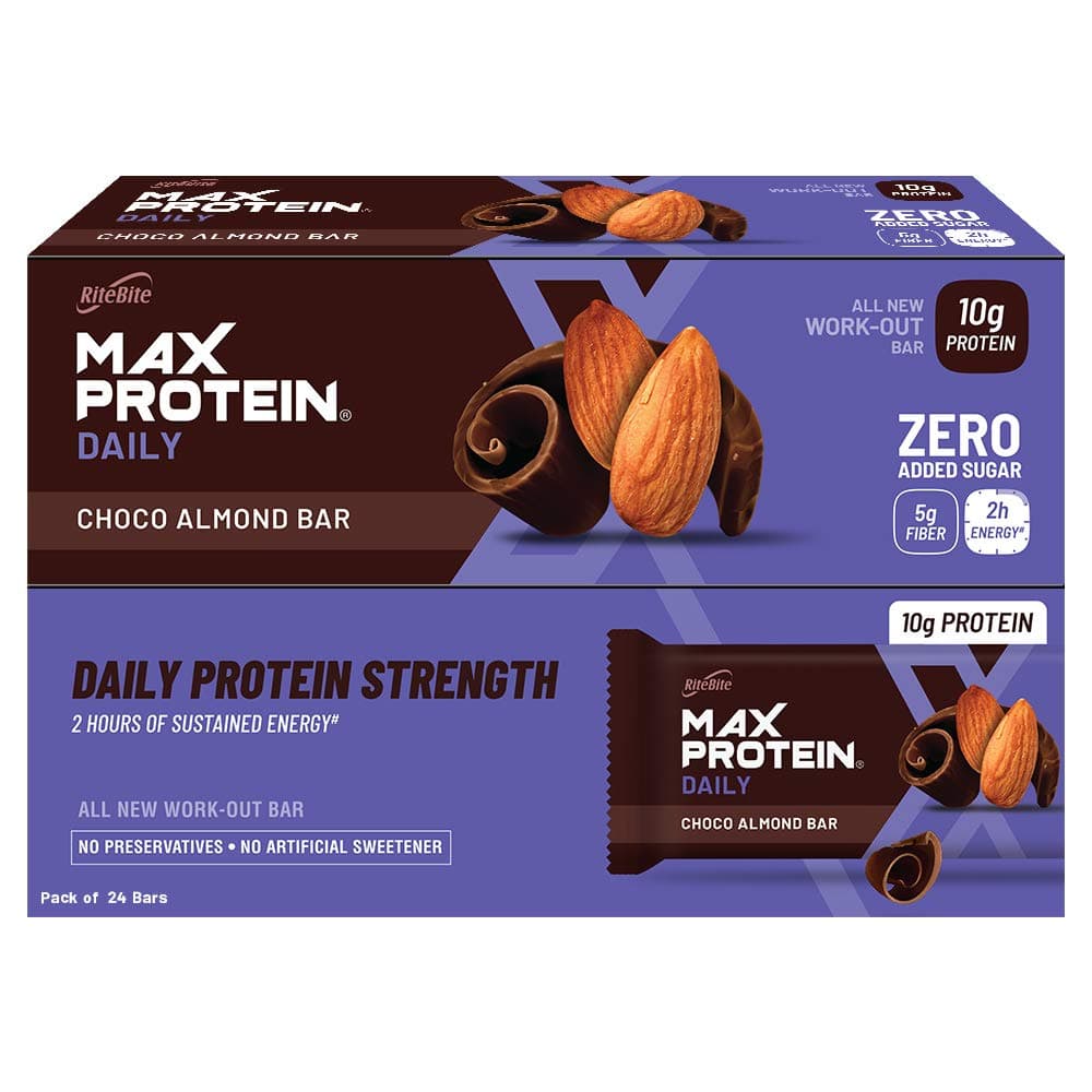 RiteBite Max Protein Daily Choco Almond 10g Protein Bar [Pack of 24] Protein Blend, Fiber, Vitamins & Minerals , No Preservatives, 100% Veg, No Added Sugar, For Energy, Fitness & Immunity - 1200g