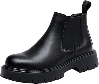 QOOELMen's Genuine Leather Slip On Chunky Platform Chelsea Boots Luxury Round Toe Lug Sole Work Dress Boots Casual Non Slip Ankle Boots