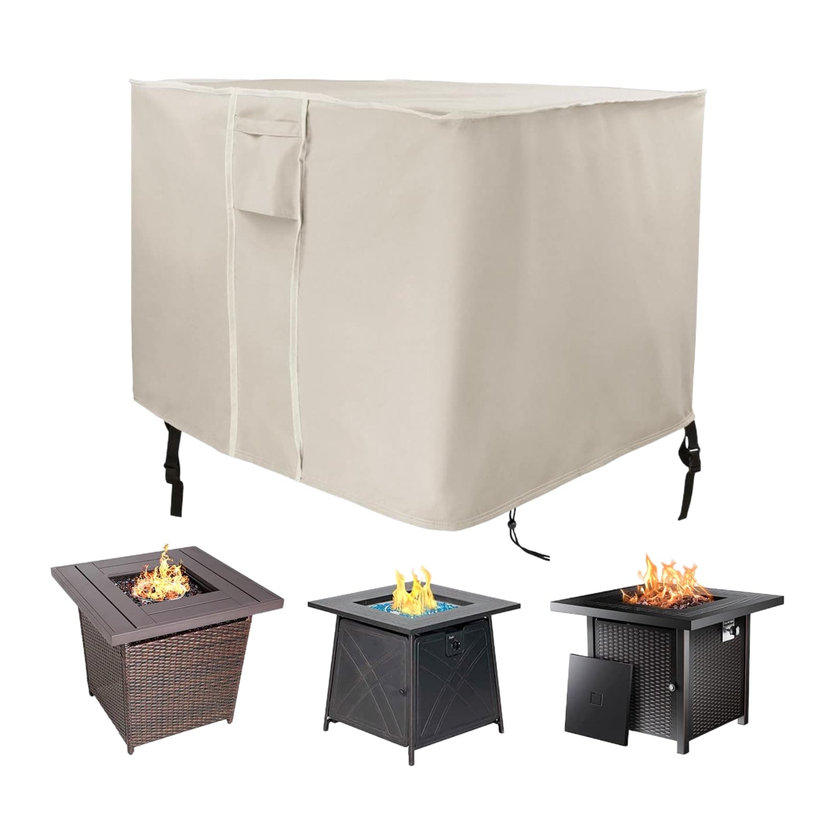Fire Pit Cover 28 Inch, 600D Heavy Duty Square Fire Pit Cover Waterproof, Gas Fireplace Fire Pit Table Cover for Propane Fire Pit - 28 x 28x 25 Inch (Beige)