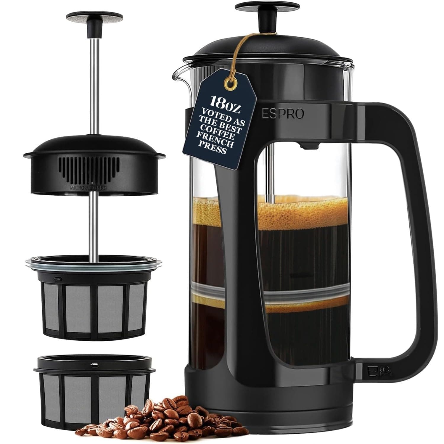 P3 French Press Coffee Maker – Patented Double Micro-Filter for Grit-Free Brew, Heat Resistant thicker Borosilicate Glass Coffee press – (Black 18 oz)