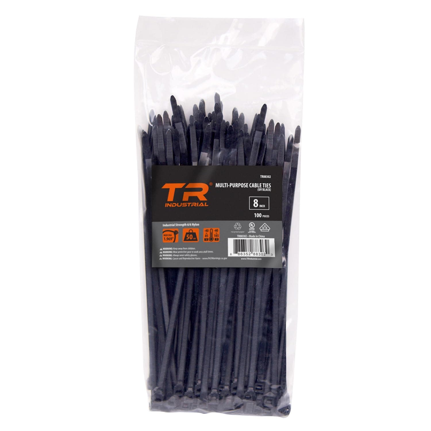 TR Industrial Multi-Purpose UV Resistant Black Cable Ties, 8 inches, 100 Pack