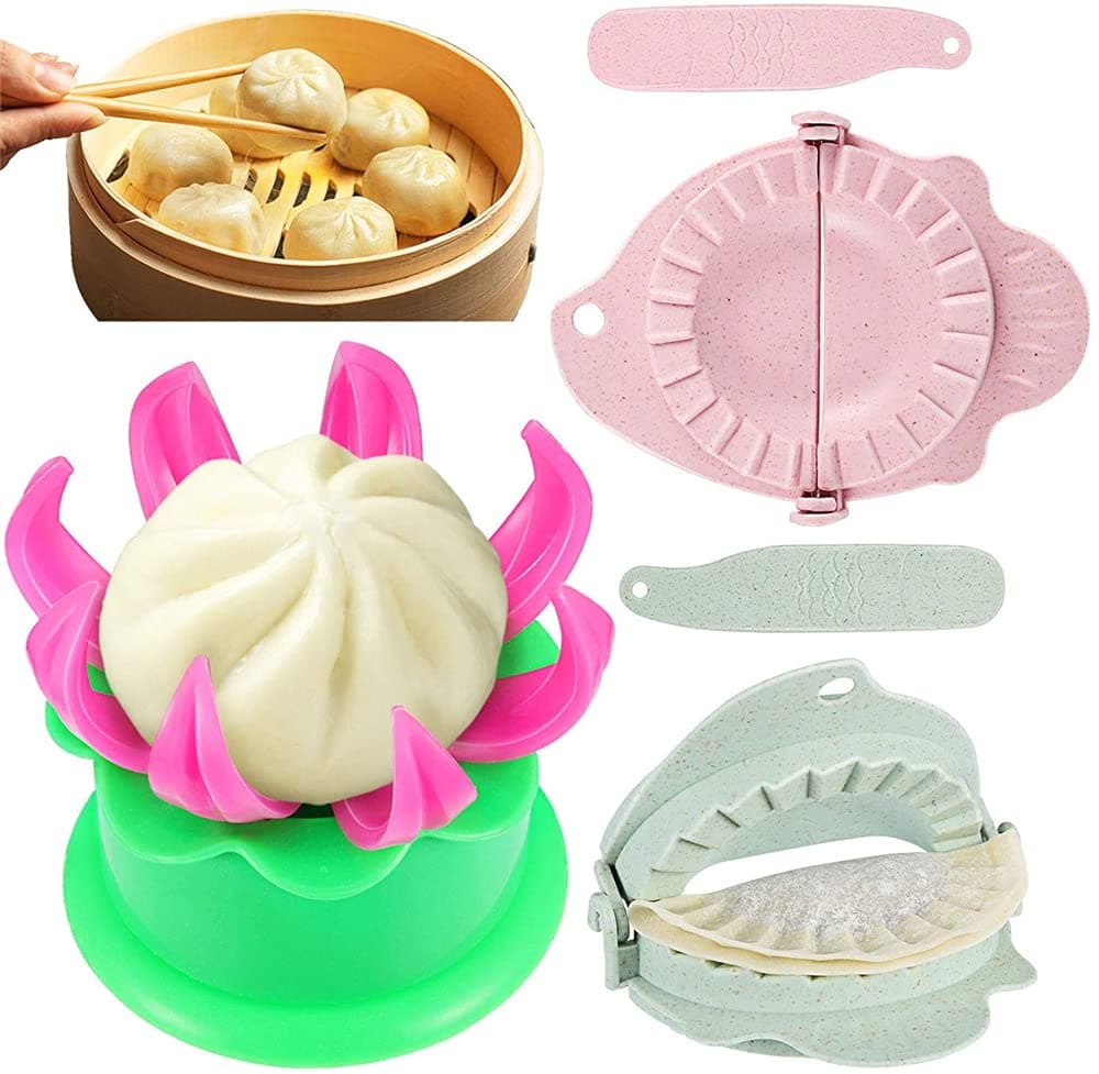 – ELECDON Dumpling Touch Tool, 5 Pieces Steamed Stuffed Bun Maker and Dumpling Maker Plastic Mold and Filling Spoon Cooking Tools Set for Cooking Delicious Baozi and Jiaozi (Green, Pink)