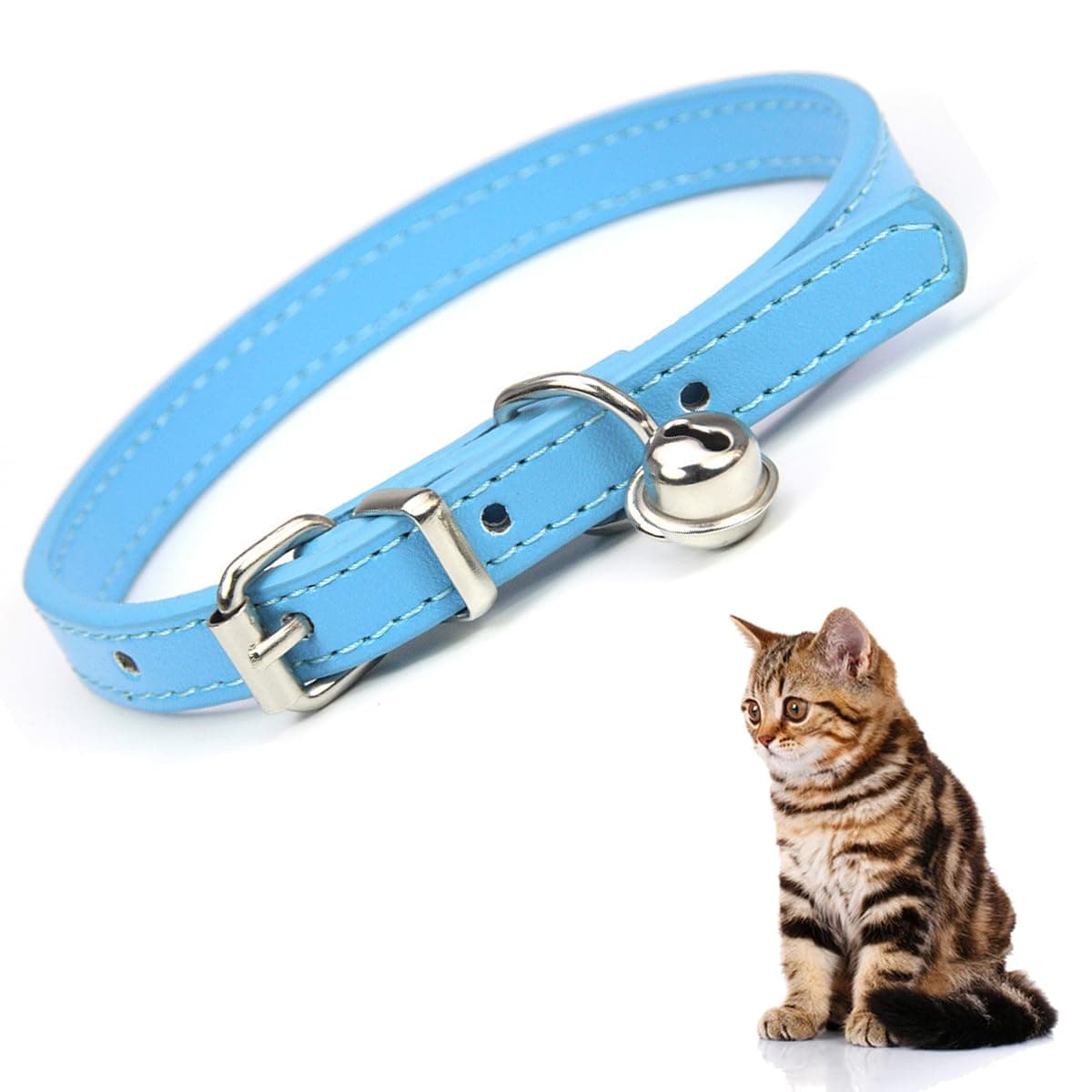 Light Blue Leather Cat Collar with Bell - Adjustable Kitten Collar for Safety and Style, Fits Small to Big Cats (8"-11" Neck)