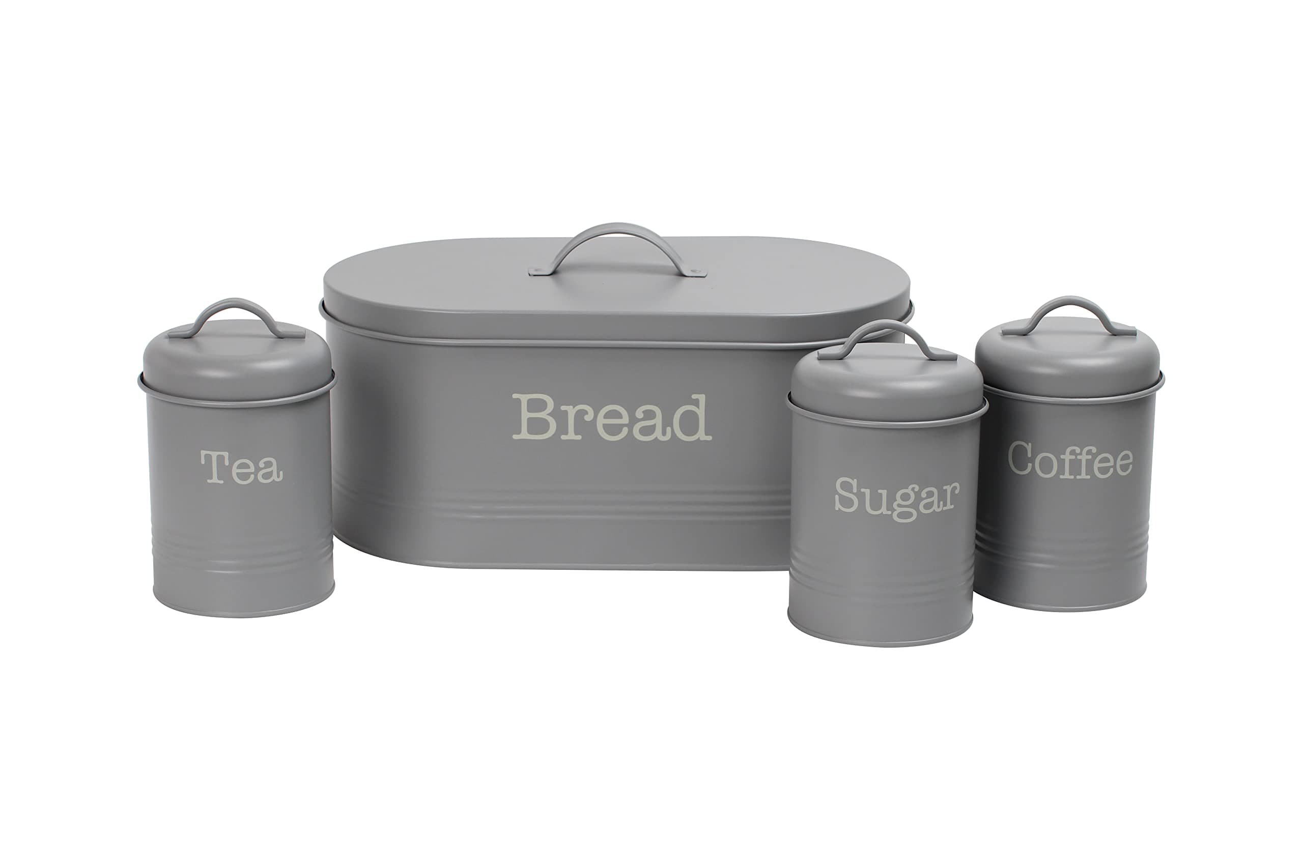 EHC 4 Piece Kitchen Storage Tight Fitting Lids - Countertop Space-Saving, Includes Bread Bin, Tea, Coffee & Sugar Caddy Tins Containers Canister Storage Jars Pots Set, Grey