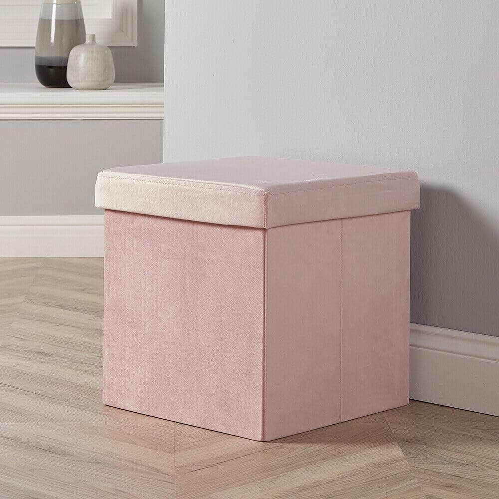 Home Source Folding Ottoman, Velvet Fabric Storage Square Box, Blush Pink