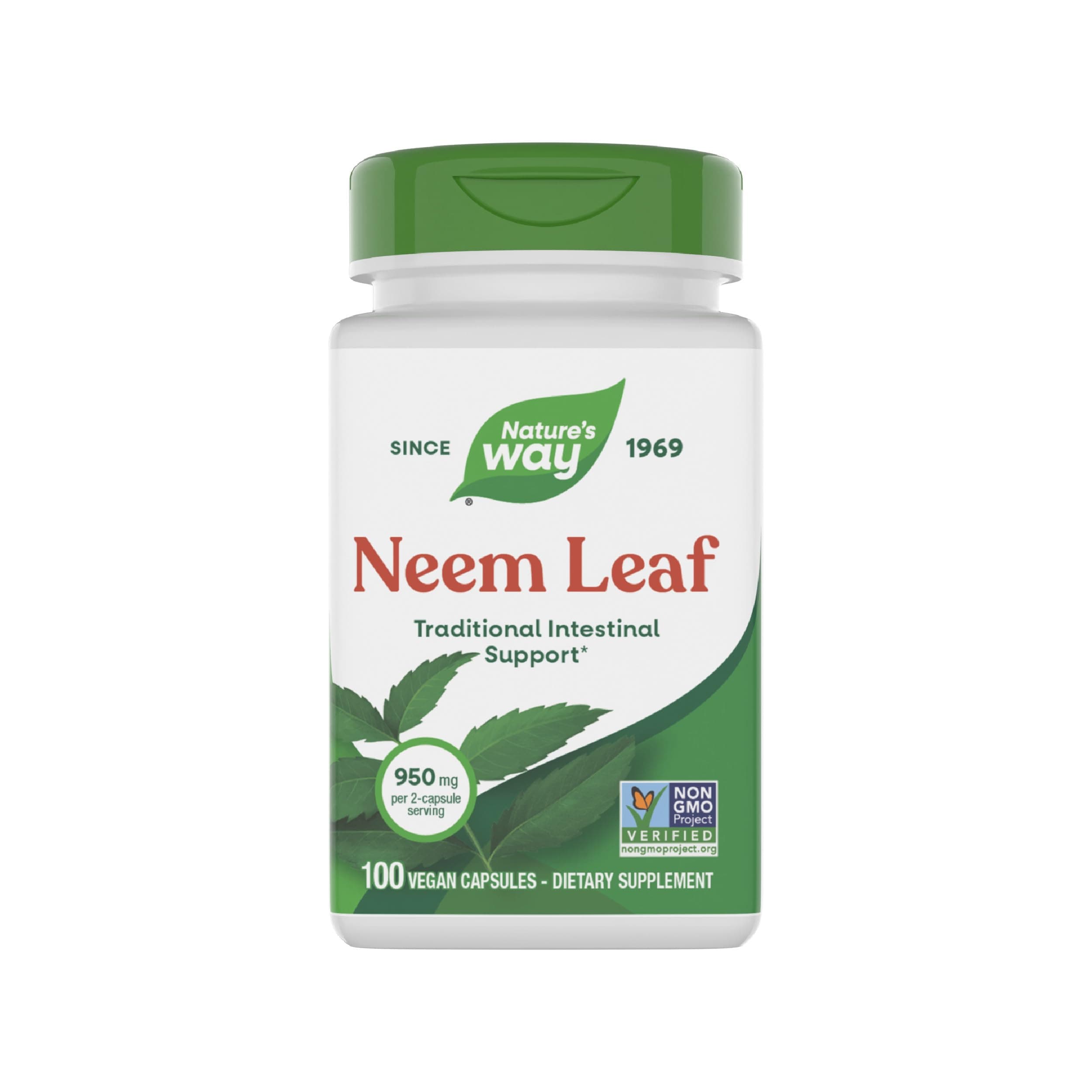 Nature's Way Neem Leaf Capsules, Traditional Intestinal Support*, Used in Ayurveda, 950 mg per 2-Capsule Serving, Non-GMO Project Verified, Vegan, 100 Count (Packaging May Vary)