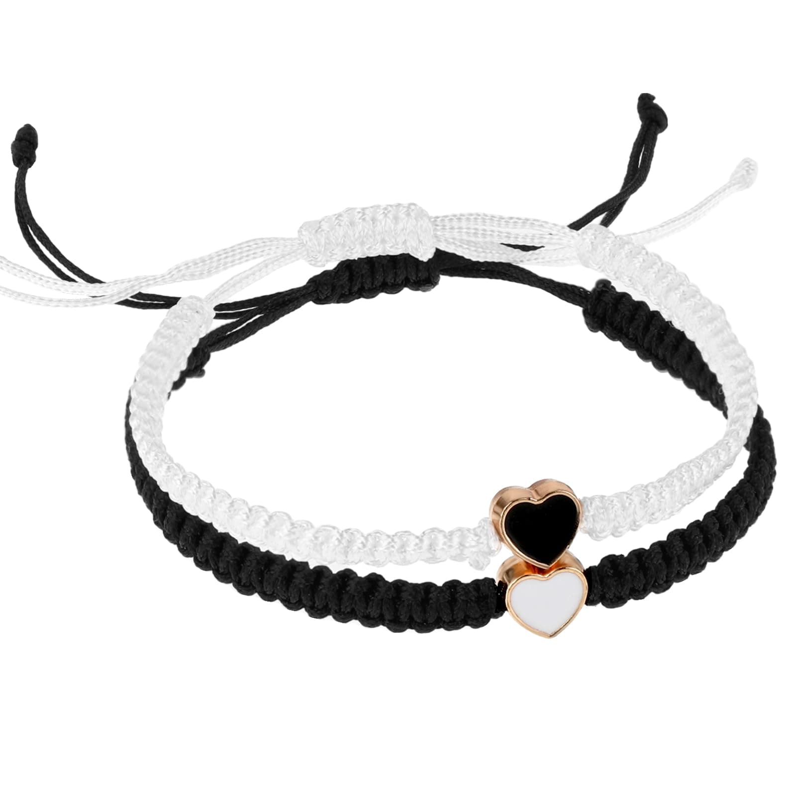 Mabor2PCS Black and White String Bracelet, Mabor Heart Beaded Matching Bracelets for Couples and Friendships Adjustable Couple Bracelets Set for Friend Women Girls