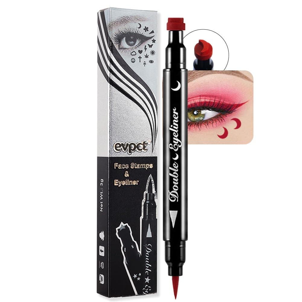 evpct 1Pcs 2-in-1 Red Colored Winged Eyeliners Stamp, Red Moon Face Stamps Makeup, Waterproof Eyeliner Eye Stamp Liners Tool Set Kit for Womem, Wing Eyeliner Stamp Figures Tool Wingliner Shapes, 11#