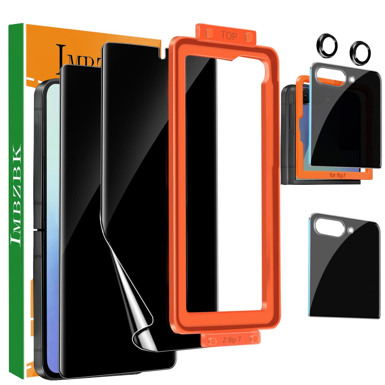 IMBZBK [Auto Installation] 2 Pack Privacy Screen Protector for Samsung Galaxy Z Flip 7, 2 Inside Anti-Spy Film + 2 Front Tempered Glass + 2 Camera Lens Protector Accessories
