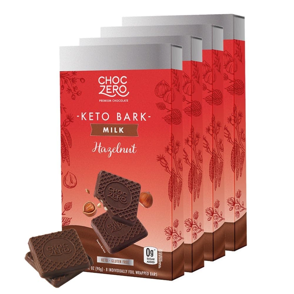 ChocZero Milk Chocolate Hazelnut Bark, No Added Sugar, Low Carb, High Fiber, Keto Friendly, No Sugar Alcohols (4 Count, 3.2oz Boxes)