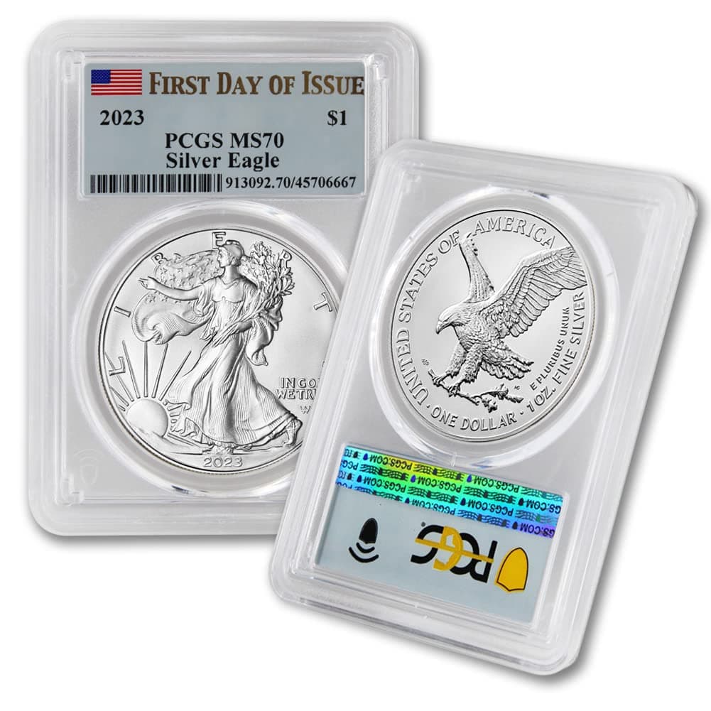 2023 1 oz American Silver Eagle Coin MS-70 (First Day of Issue - Flag Label) $1 PCGS MS70