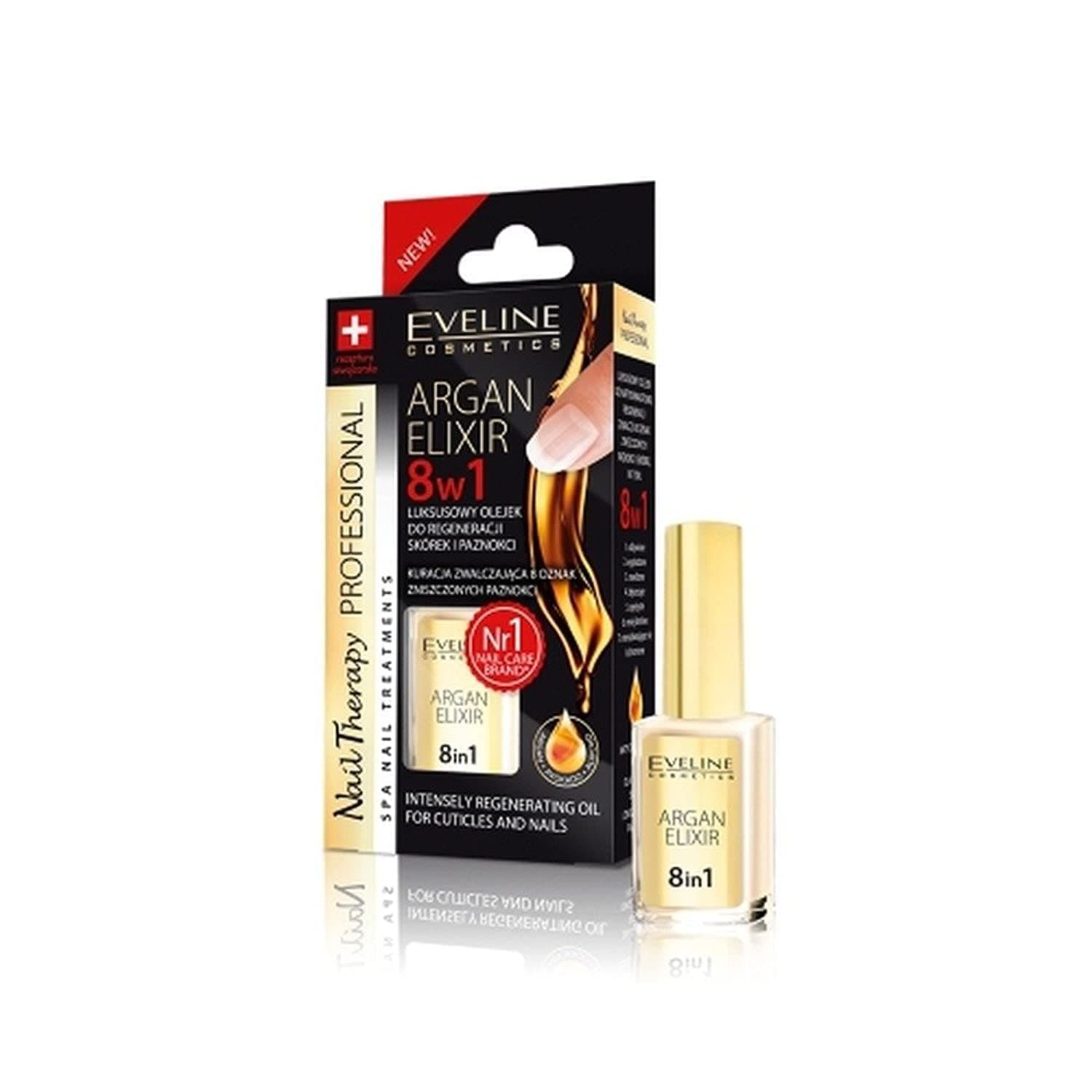 Eveline Cosmetics Argan Elixir 8-in-1 Nail Regeneration | For cuticles & nails | Treatment for Nourished, Smoothed, Moisturised, Glossy, Elastic, Less brittle, Non-splitting & Protected nails | 12 ml