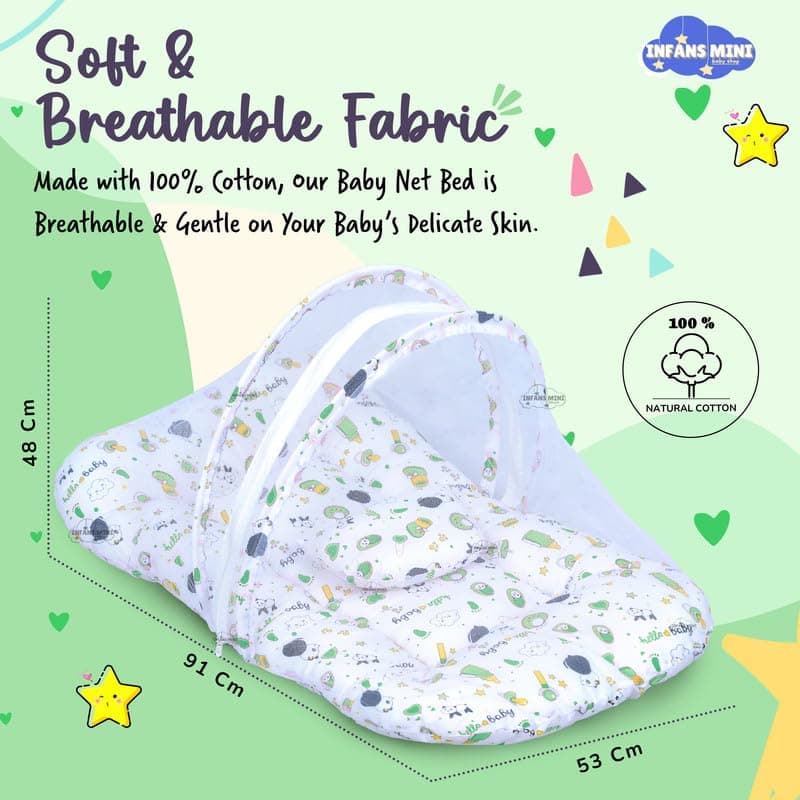 Infans Mini Baby Bedding Set, 4 Pcs Cotton Sleeping Essential|Baby Sleeping Bag|Sleeping Mattress|Mother Nursing Feeding Pillow|Mosquito Net Bed for 0-6 Months (Panda Green)