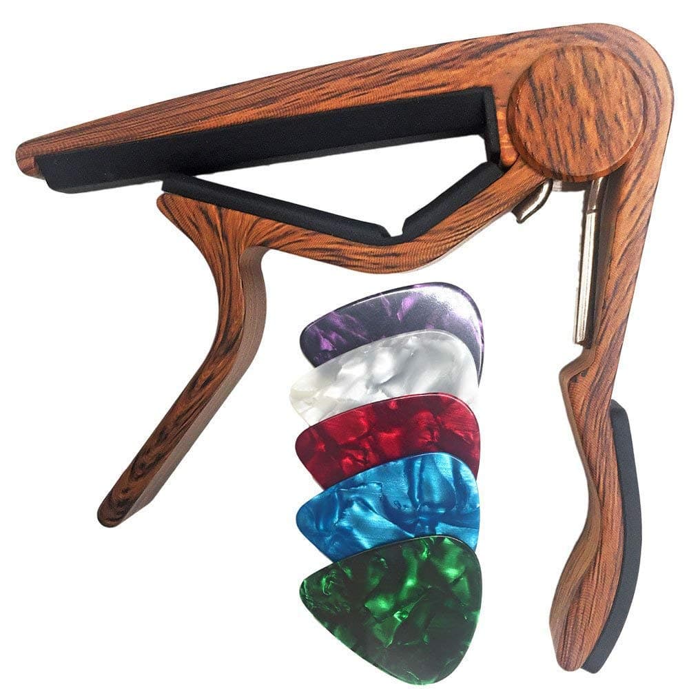Wooden Classical Flat Guitar Capo for Nylon String Guitars-Rosewood with 5 Picks.