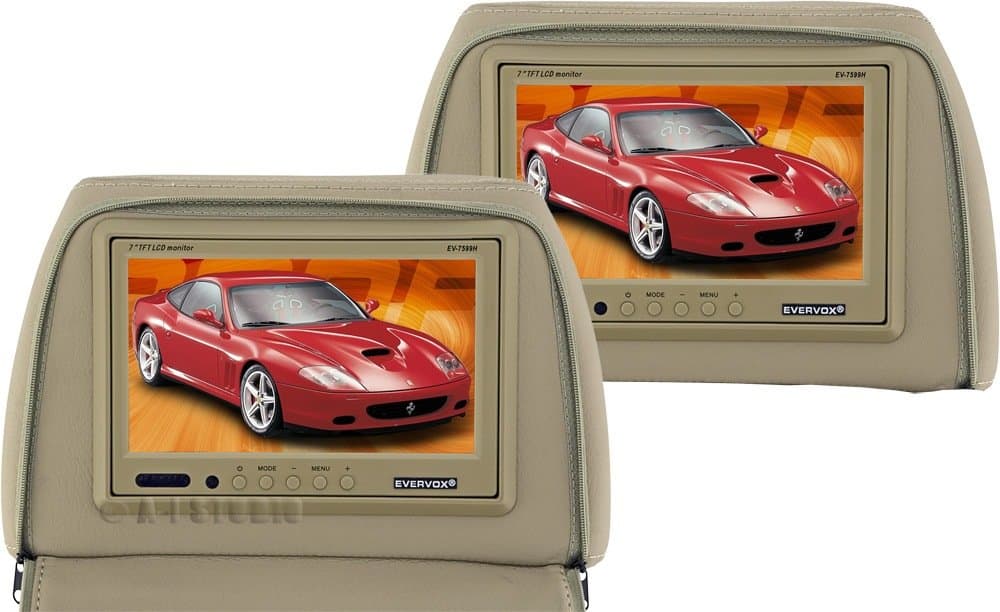 Universal 7" Dual Headrest Monitors with Zippered Pillow, Remote Control and 2 Video Inputs (Pair) EV-7599H Beige