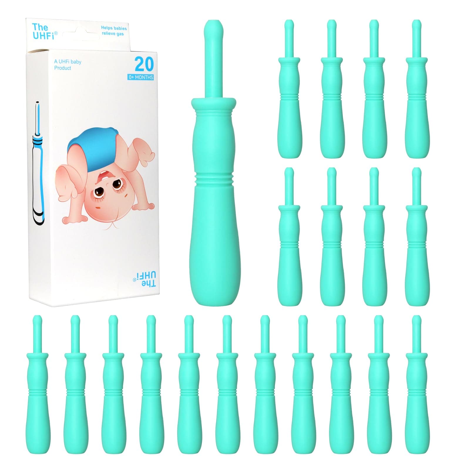uhfi Gas and Colic Reliever for Babies, 20 Count Natural Solution Effective Instant Constipation Gas Relief for Babies Boys Girls Colic and Gas Relief, Green