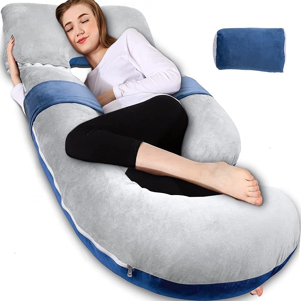Chilling Home Pregnancy Pillows, 55 inches Full Body Pillow Maternity Pillow for Pregnant Women, 3 in 1 U Shaped Zootzi Pillow with Removable Washable Velvet Cover(Grey & Navy Blue,55x28 inches)