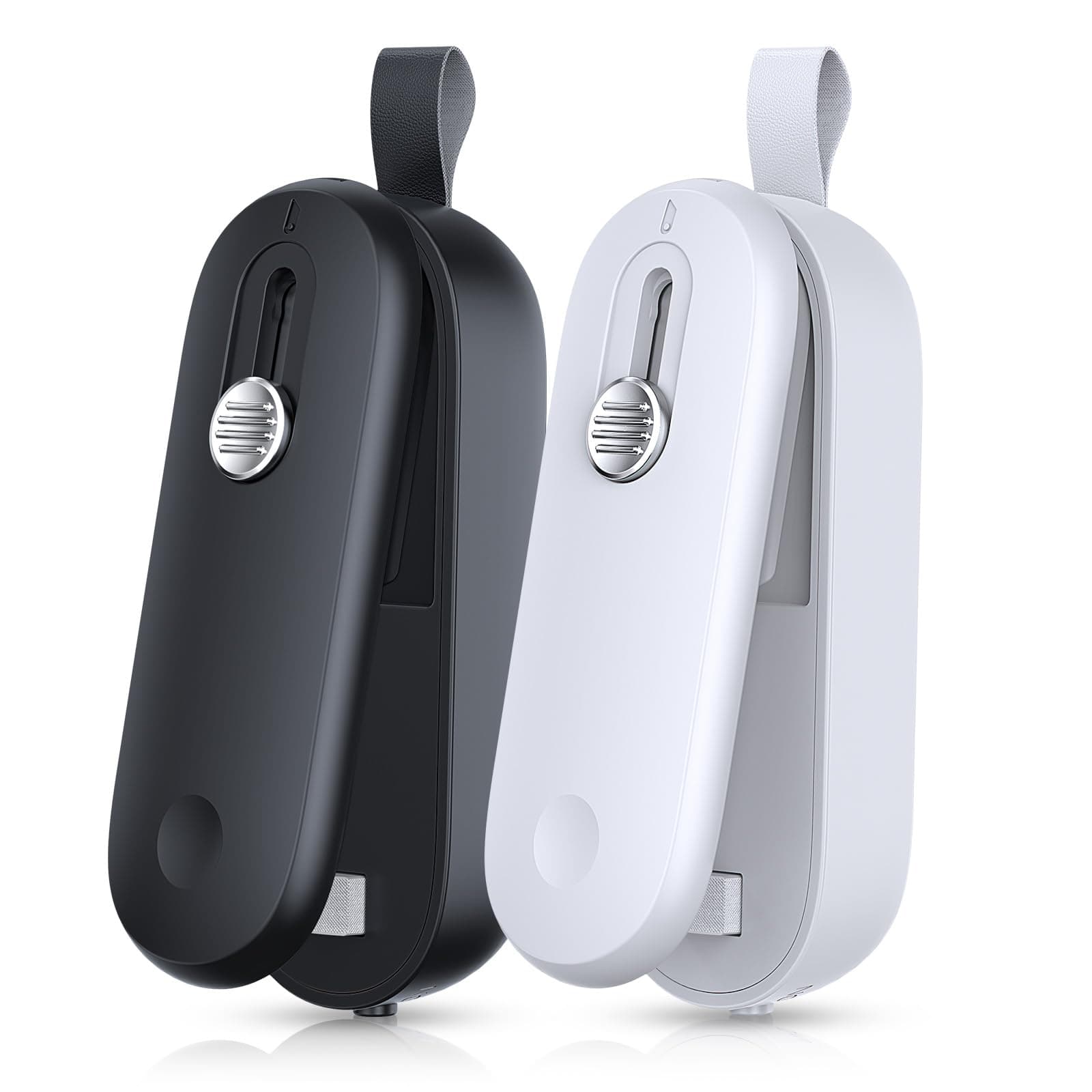 FEPPO Mini Bag Sealer 2-Pack, 2 in 1 Handheld Chip Bag Sealer Heat Seal and Cutter with Lanyard, Portable Resealer Machine for Plastic Bag Food Storage Snacks, Black/White (Batteries Included)