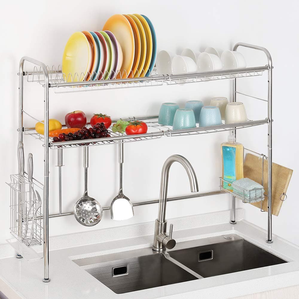 Terby Dish Drying Rack Over The Sink Dish Drainer 2 Tier Width Adjustable Dish Rack Stainless Steel Kitchen Countertop Organizer Length Expandable Utensil Holder with 6 Hooks and Anti-Slip Mats