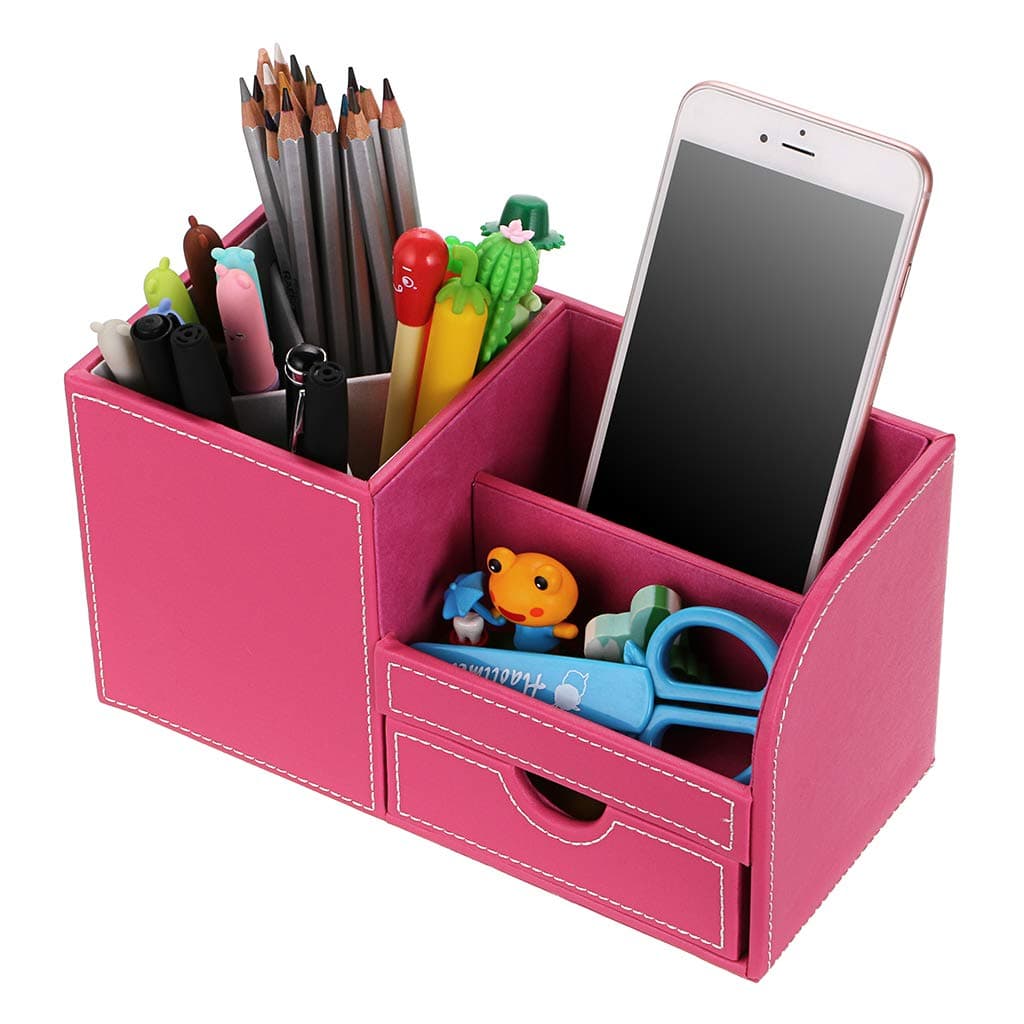 BSTKEY Multi-Functional Pu Leather Desk Organiser with Drawer - 4 Compartment Pencil Holder Desk Tidy Storage Box, Cosmetics Organizer Office Desktop Supplies (Pink)