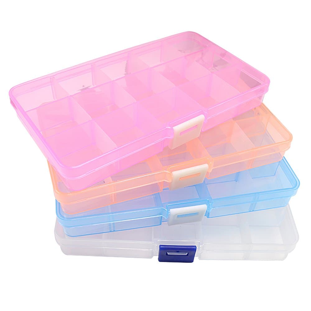 EsOfficce 15-Grid Storage Box, Adjustable Clear Desk Small Art Crafts or Office Accessories Organizer, Removable Jewelry Bead Divider Container, Environmental PP Pill Case, 4Pcs/Pack