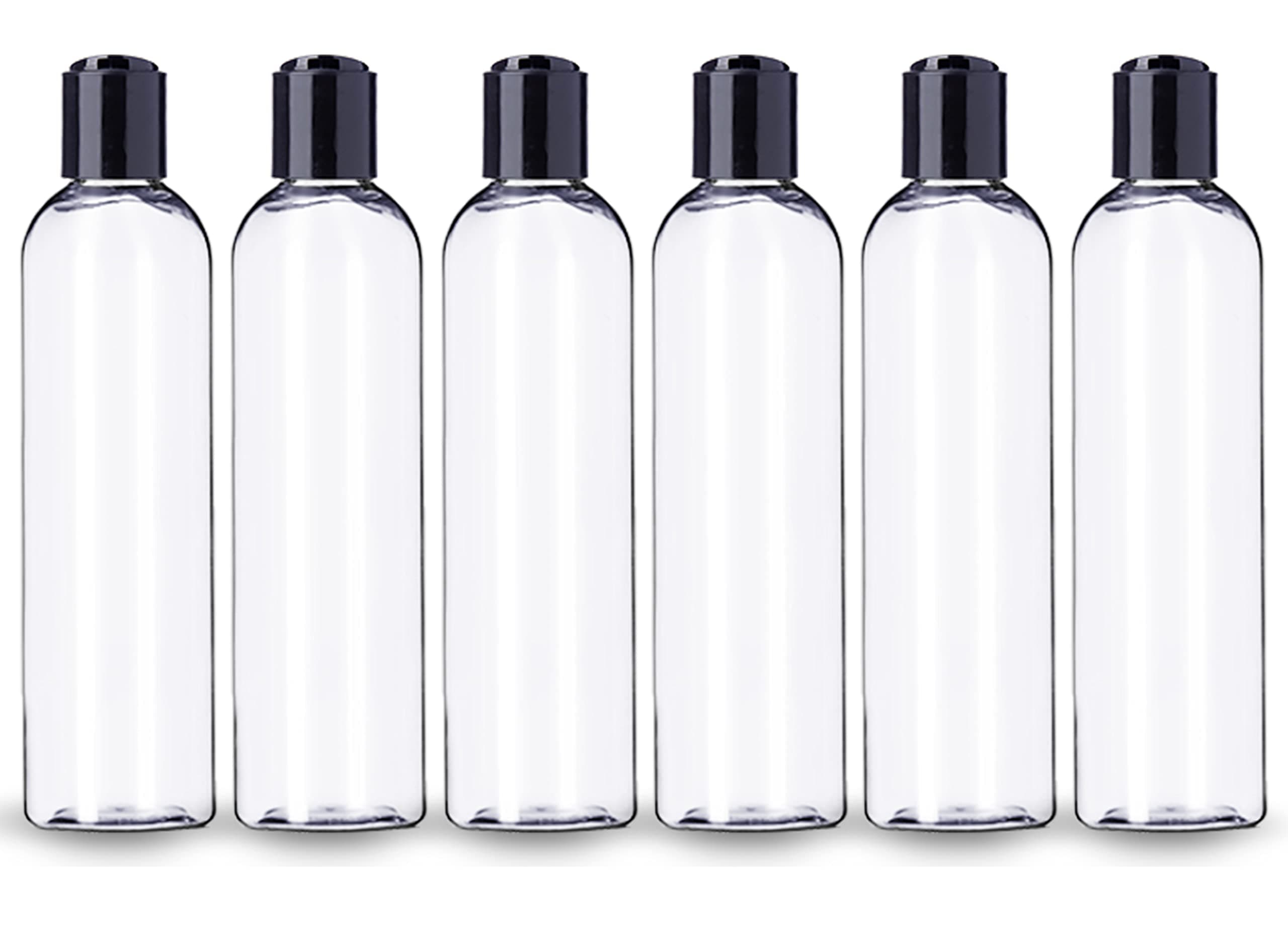 8 oz Clear Plastic Empty Bottles with Black Disc Top Caps, Refillable Containers for Shampoo, Lotions, Cream and More Pack of 6, BPA Free, Made in USA