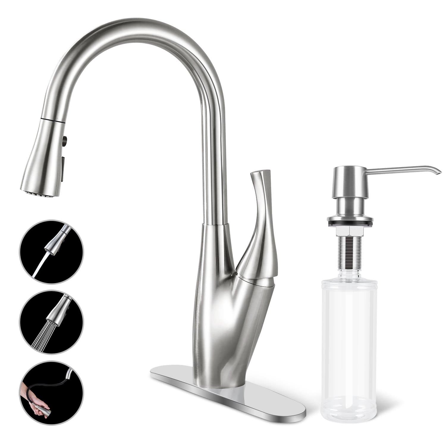 Kitchen Faucet, Aoleca Single Handle Kitchen Faucets with Pull Down Sprayer Brushed Nickel Kitchen Sink Faucet with Soap Dispenser and Deck Plate