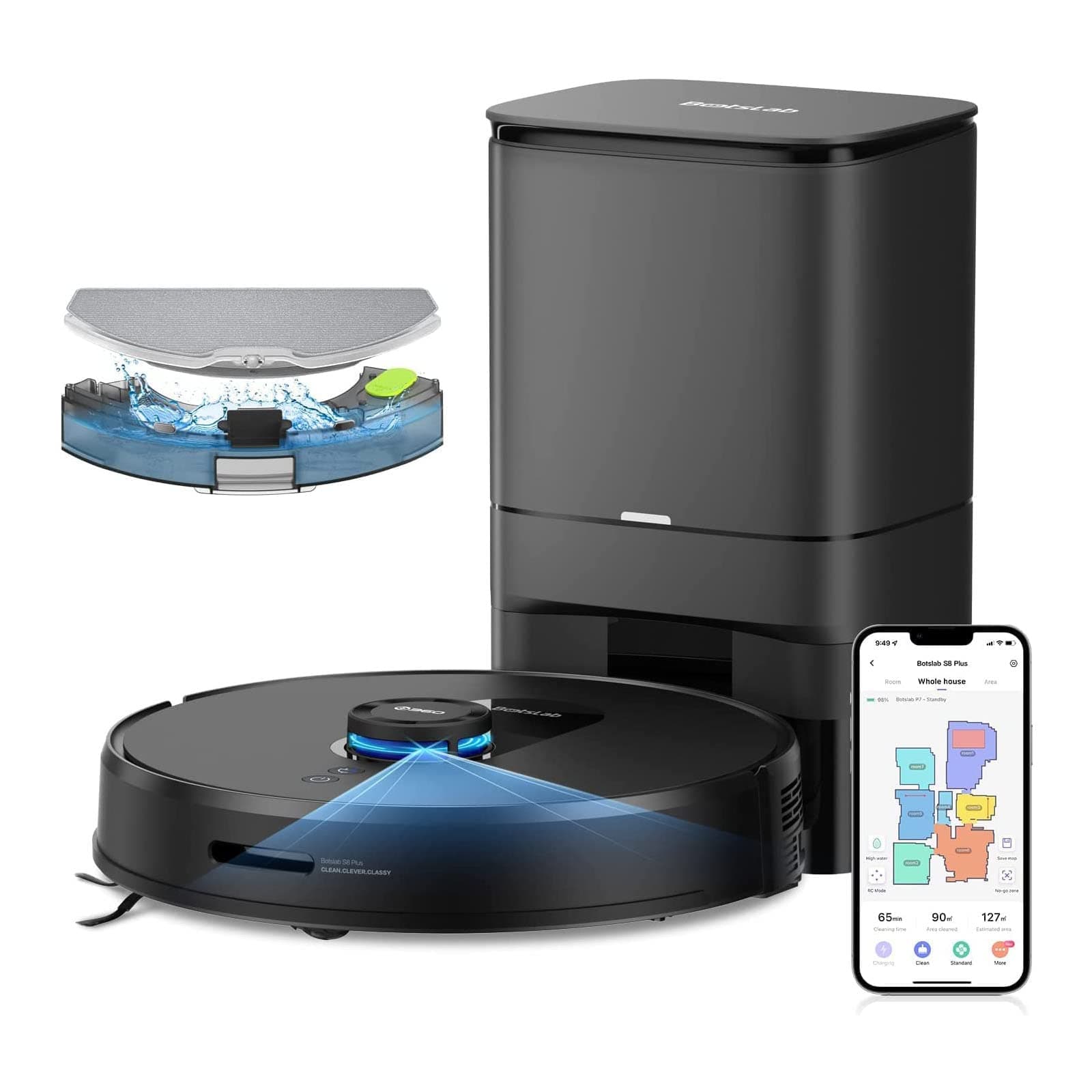 S8 Plus Robot Vacuum Cleaner and Mop Combo with Self-Emptying Dock, Botslab LIDAR Navigation Smart Mapping Robot, 2700Pa Suction, Work with Alexa, Ideal for Pet Hair, Carpet and Hard Floor