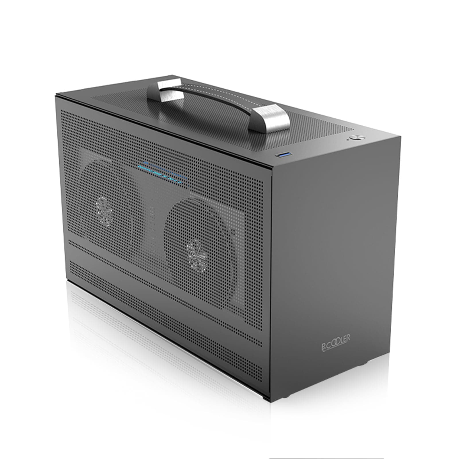 PCCOOLER CPS 2025 Mini I100 Pro Mesh GY Mini ITX Case 7.5L 2.7KG 1.2mm SPCC Frame Leather Handle Support SFX Powered 2 GPU Slots Reinforced Cooling Mesh 300mm GPU ITX Gaming Case