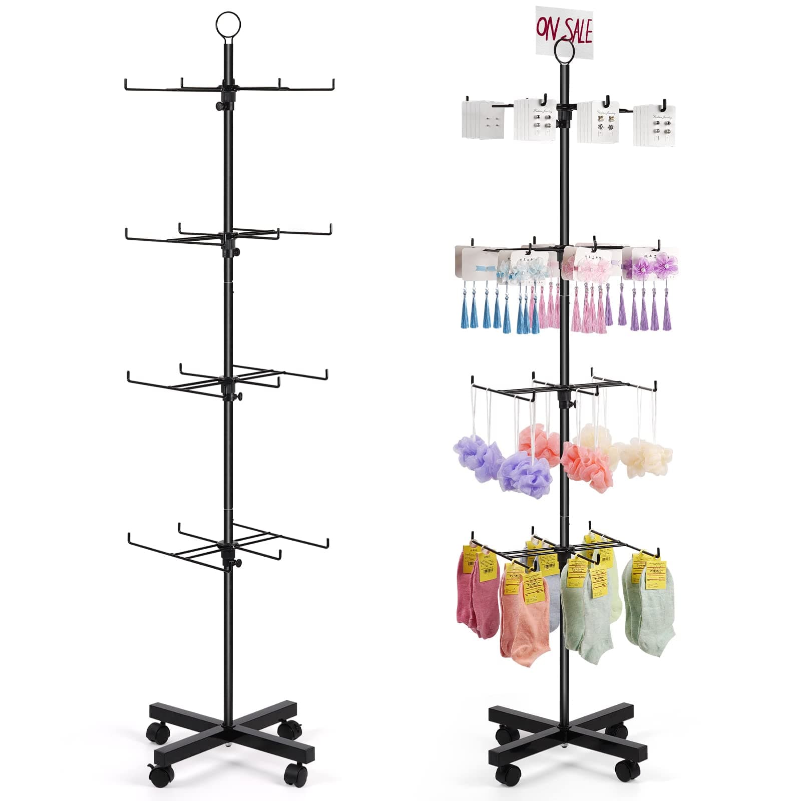 Retail Display Spinning Display Stand 4 Tier Display Rack Movable Jewelry Keychain Display Stands for Vendor Events Floor Spinner Rack for Store Display (Black)