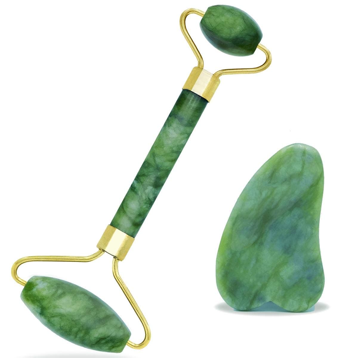 Jade Roller for Face | Gua Sha Facial Tool Set 2 in 1 by LivEssence | 100% Natural Skin Physical Massage Therapy Set for Anti-Aging, Facial Beauty, SPA, Whole Body Relaxation