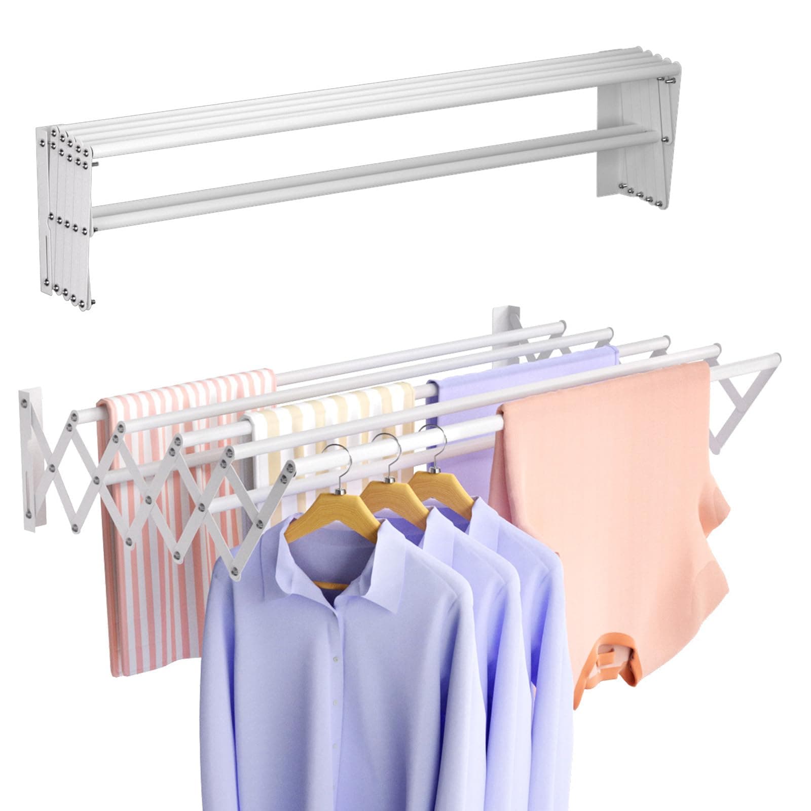 Wall Mounted Clothes Drying Rack, Foldable Wall Mount Laundry Drying Rack Folding Indoor, Drying Rack Clothing Collapsible, Retractable Towel Rack, Space Saver with 7 Drying Rods, White