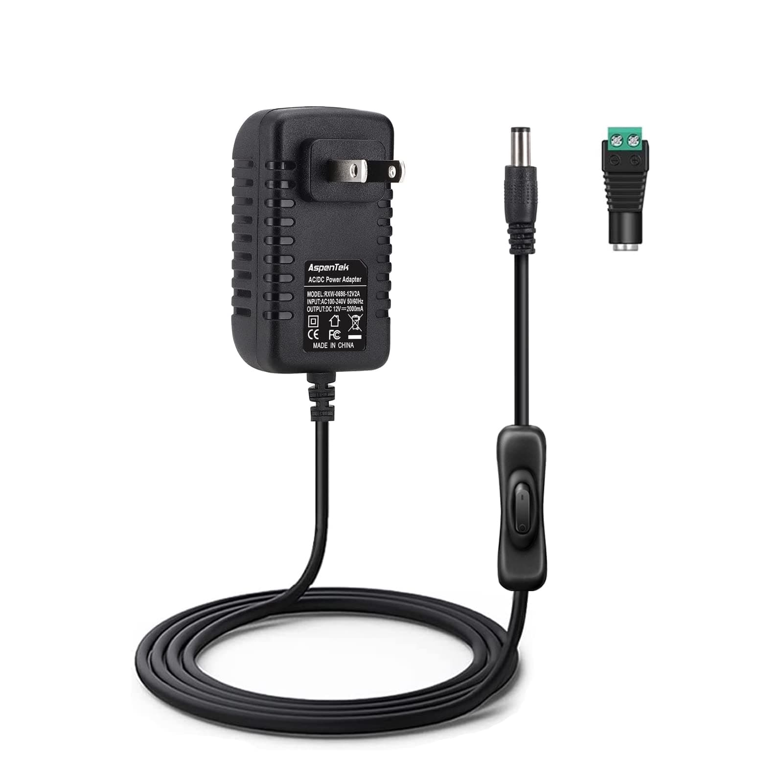 12V Power Supply with Switch for 12V LED Light Bar, Strip, Neon Sign, CCTV, Max 24watts, 2A, Black, Modern Style, 5.5 mm x 2.1mm DC Barrel Connector