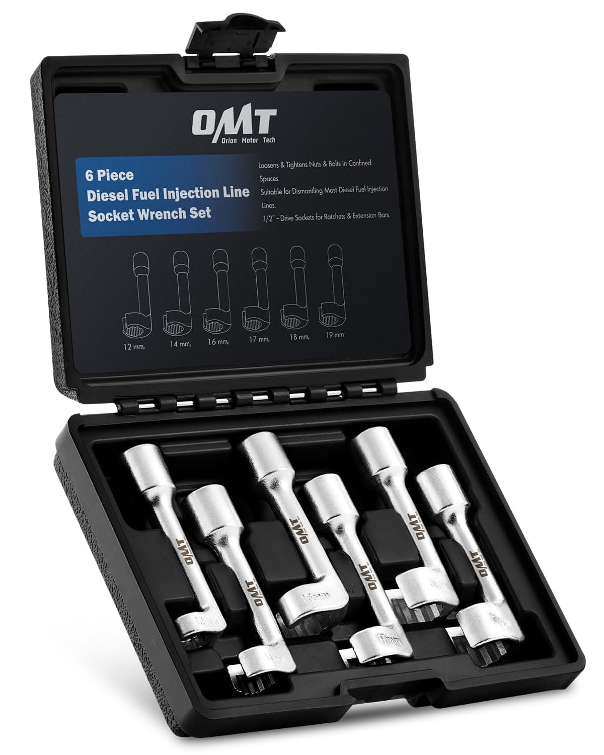 Orion Motor Tech 1/2" Dr Diesel Injector Socket Wrench Set, 6pc 12pt Diesel Fuel Socket Set with 12 14 16 17 18 19mm Wrenches, L-Type Diesel Mechanic Tool for Dismantling Fuel Line with Case