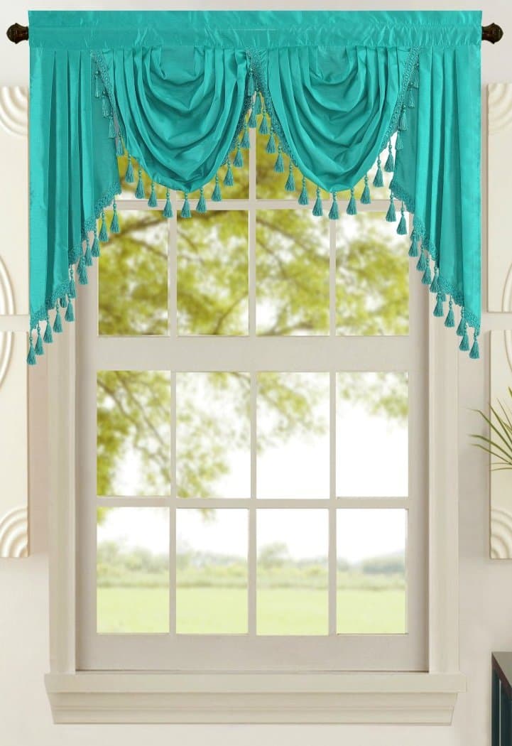 All American Collection New Attached Solid Faux Silk Double Waterfall Valance with Tails (55 inches x 32 inches, Turquoise Valance), full
