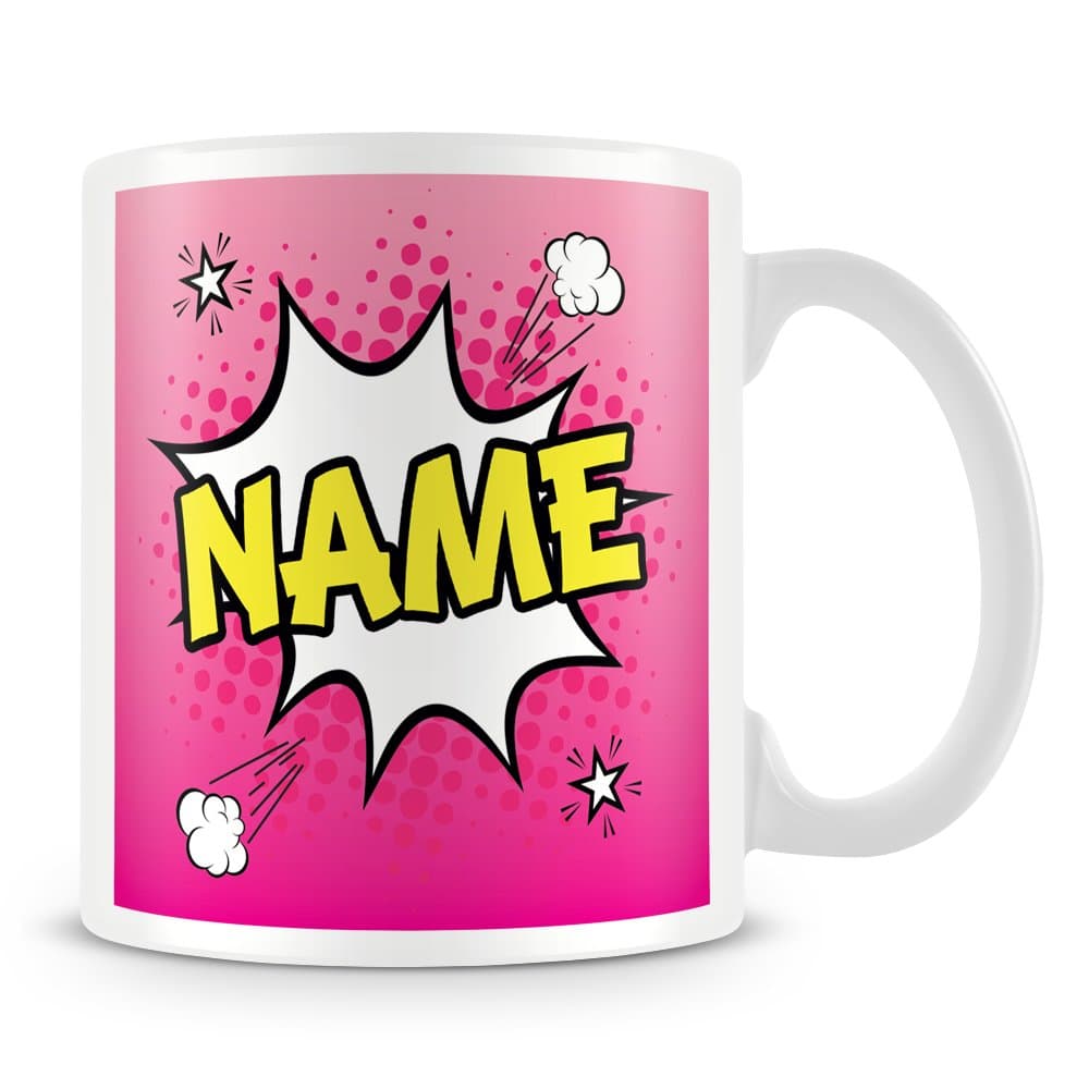 Custom Name Mug Personalised Gift – Pink Comic Style Ceramic Coffee Cup, Dual-Sided Print, Dishwasher Safe | Unique Present for Birthdays, Teachers, Friends, Office, Women, Secret Santa, Christmas
