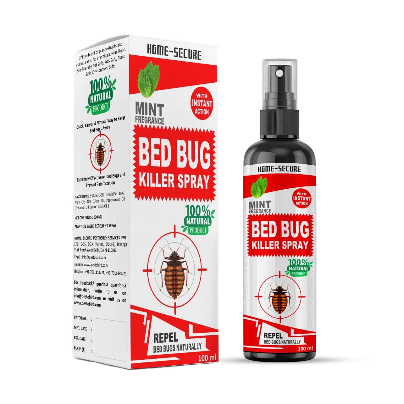 Home-Secure bed bug Killer Spray | Powerfull Herbal bed bug Spray with Instant Action, Long Lasting Protection | Organic Chemical-free bedbug repellent for home 100ml