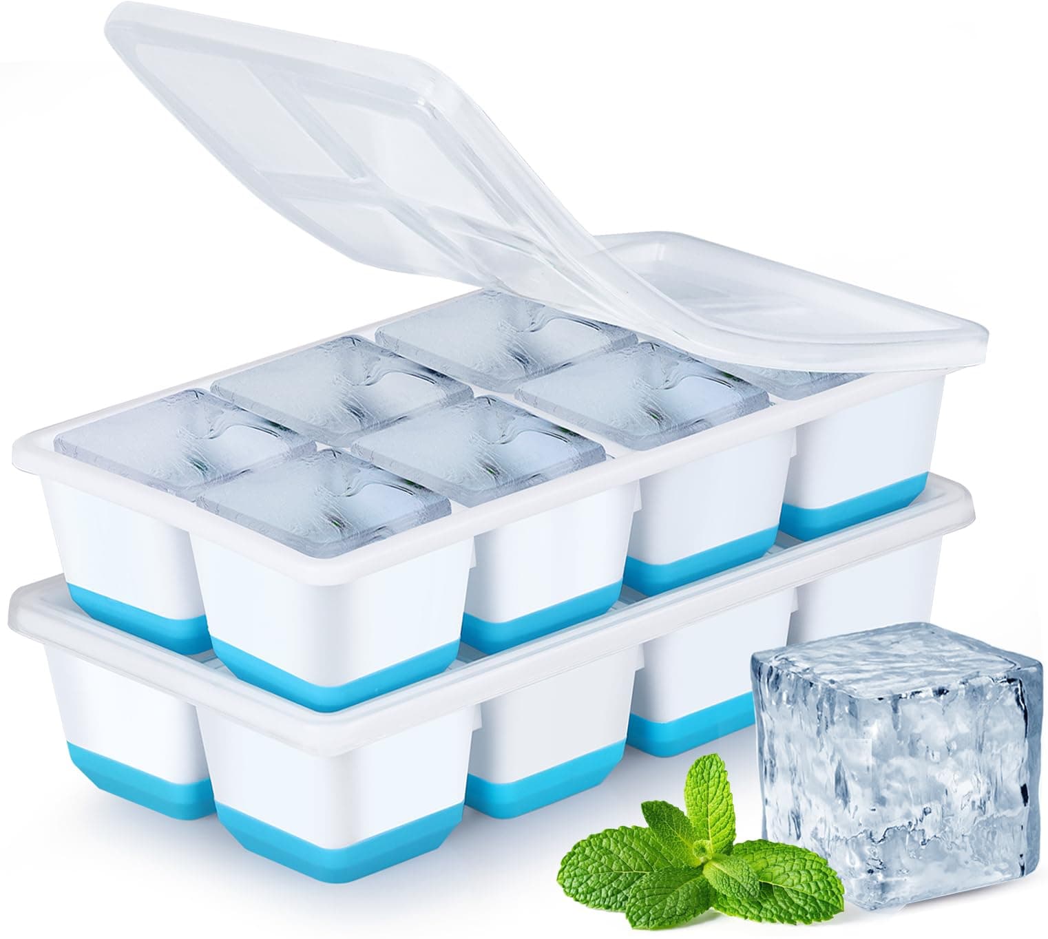 Large Ice Cube Moulds, 4.5cm Square Ice Cube Trays with Lids, Set of 2 Big Silicone Ice Cube Tray Food Grade & BPA Free & Easy-Release for Freezer Cocktail Whiskey Drinks