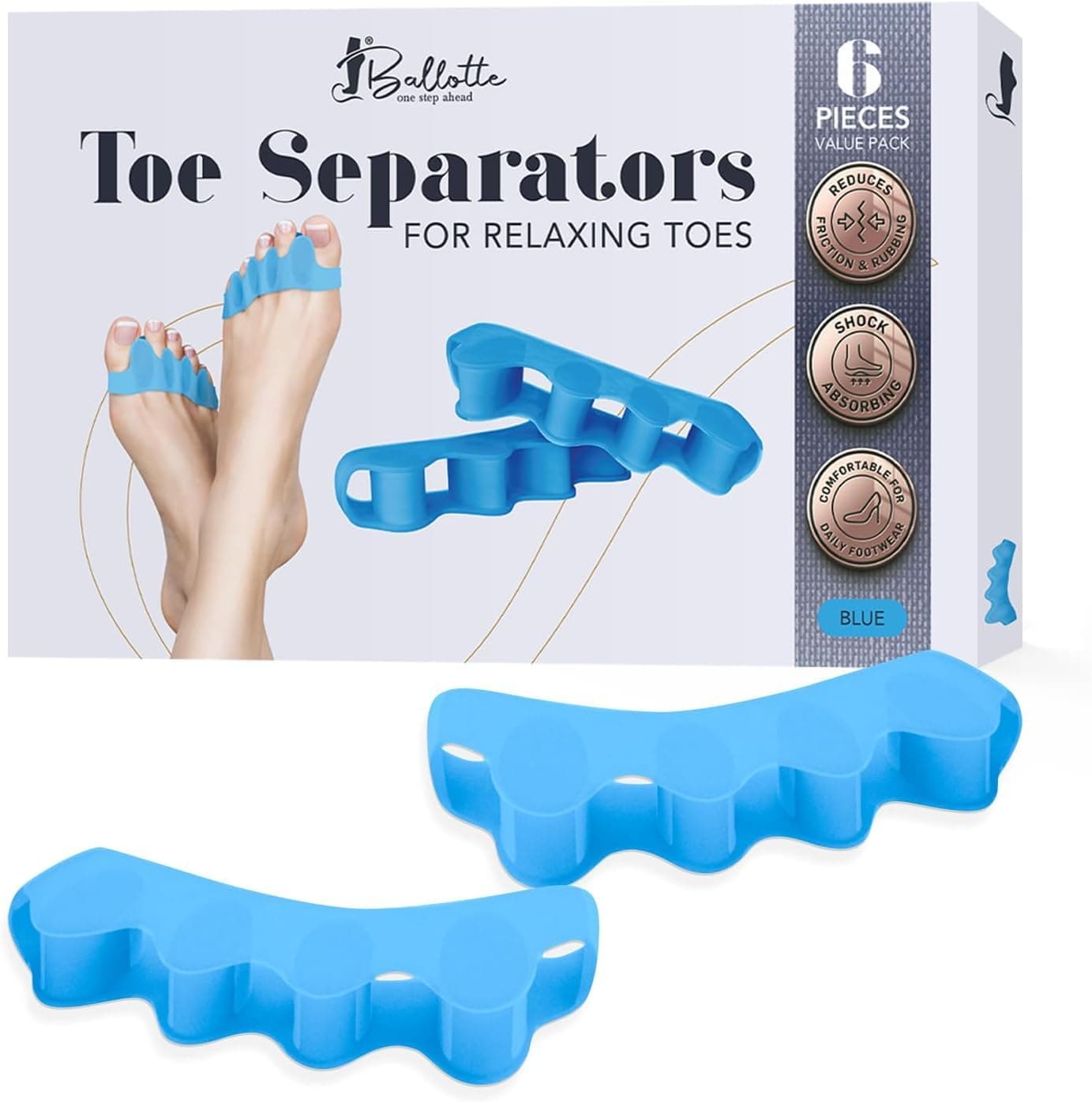 Ballotte Toe Separators, Silicone Toe Spacers for Bunions and Overlapping Hammer Toes, Athletic Tootsie Spacers for Running and Yoga, Foot Finger Splitters for Men & Women (Toe Seperators (Blue