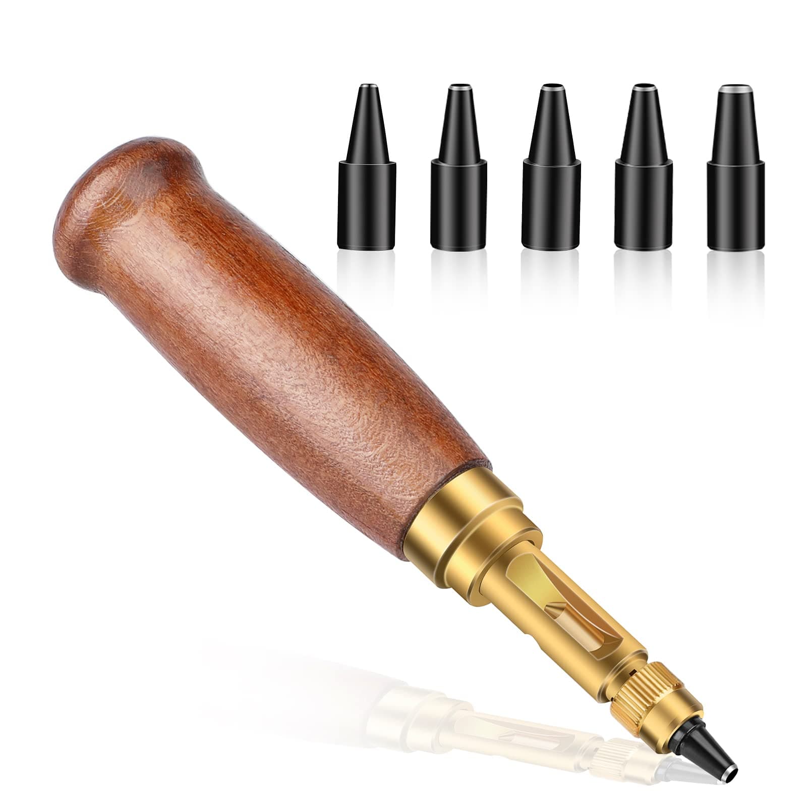 Adjustable Leather Hole Punching Tool Automatic Puncher with Wooden Handle Hollow Hole Punch with 6 Tips Size (1.5mm/2mm/2.5mm/3mm/3.5mm/4mm) for Leather Belt, Bag, Wristband