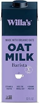 Willa's Organic Barista Oat Milk – 50% Less Sugar, Non-GMO, Shelf Stable, Non-Dairy, Whole Grain Oats, No Oil, No Gums – Barista Blend Unsweetened Oatmilk and Creamer, 32 oz, Pack of 1