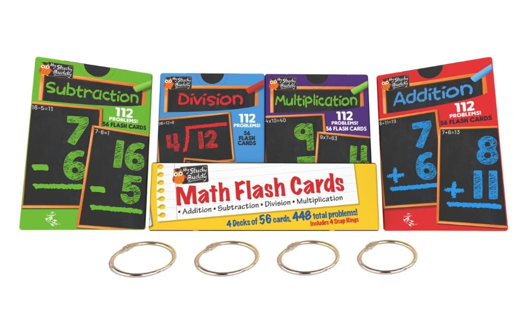 Regal Games Math Flash Cards for Multiplication, Division, Addition and Subtraction - 1st, 2nd, 3rd Grade Math & More - Flash Cards w/ 4 Binder Rings for Kids (224 Cards - 4 Packs)