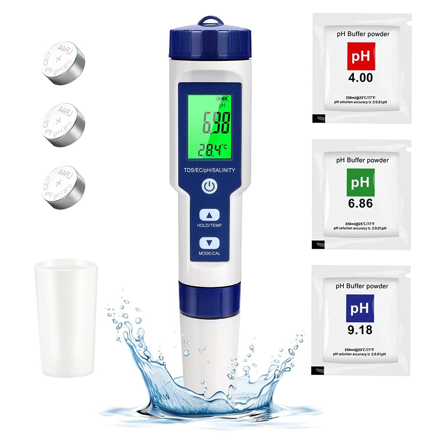 HJB VISSO Digital PH Meter, 5 in 1 PH/EC/TDS/Salt/Temperature Meter, High Precision Digital Multifunctional Water Test Kits for Water, Fish Tank, Pools & Hydroponics
