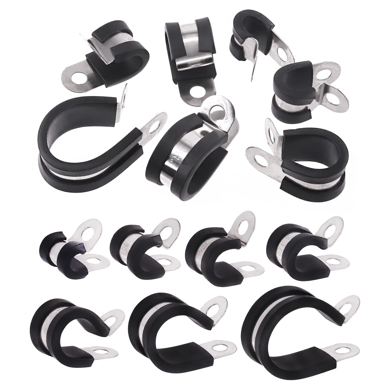 Keadic 26Pcs 5/8” Wire Cable Clamps with Storage Box, 304 Stainless Steel Rubber Cushioned Insulated Metal P Clamp Hose Fuel Line Loop Clamps for Tube Pipe Installation