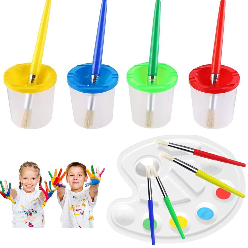 DIYASY Paint Cups with Brushes Set, 4 PCS Spillproof Paint Pots with Lids and Four-colored Hog Bristle Paint Brushes for Beginners Kids School Supplies (Free Paint Palette)